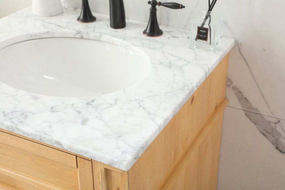 Home Living Vanity with Carrara White Marble Countertop, Natural Wood, 24", Single Sink