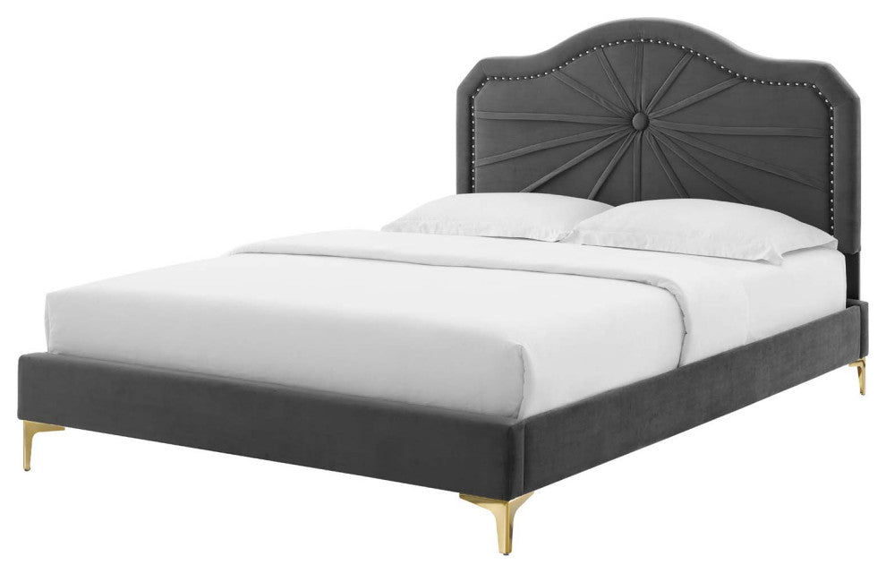 Platform Bed Frame, Twin Size, Velvet, Dark Grey Gray, Modern Contemporary