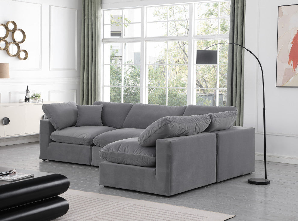 Comfy Upholstered L-Shaped Modular Sectional, Grey, 4-Piece: 2 Armless Chair, 2 Corner Chair, Velvet