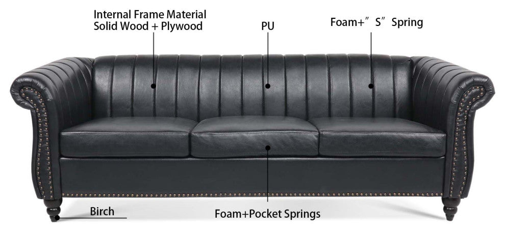 83" Faux leather Rolled Arm Sofa with Nailhead Trim, Black, 83'' X 33''