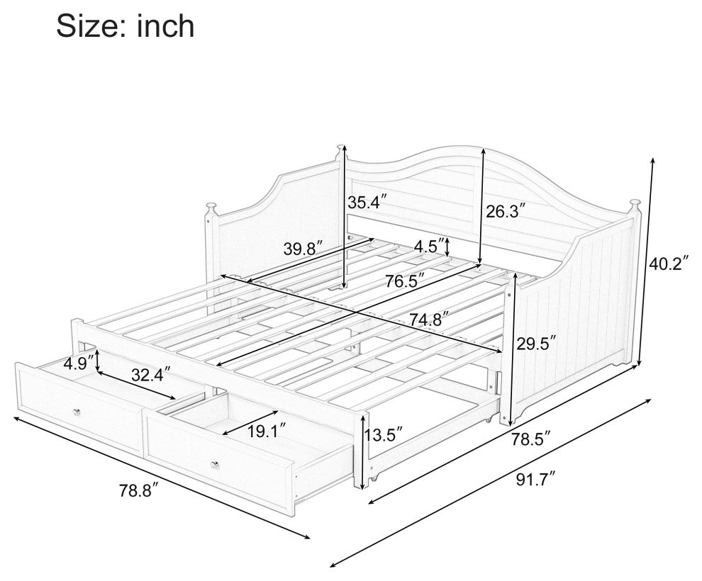 TATEUS Twin Size Wood Daybed with Extended Pop Up Trundle and Storage Drawers