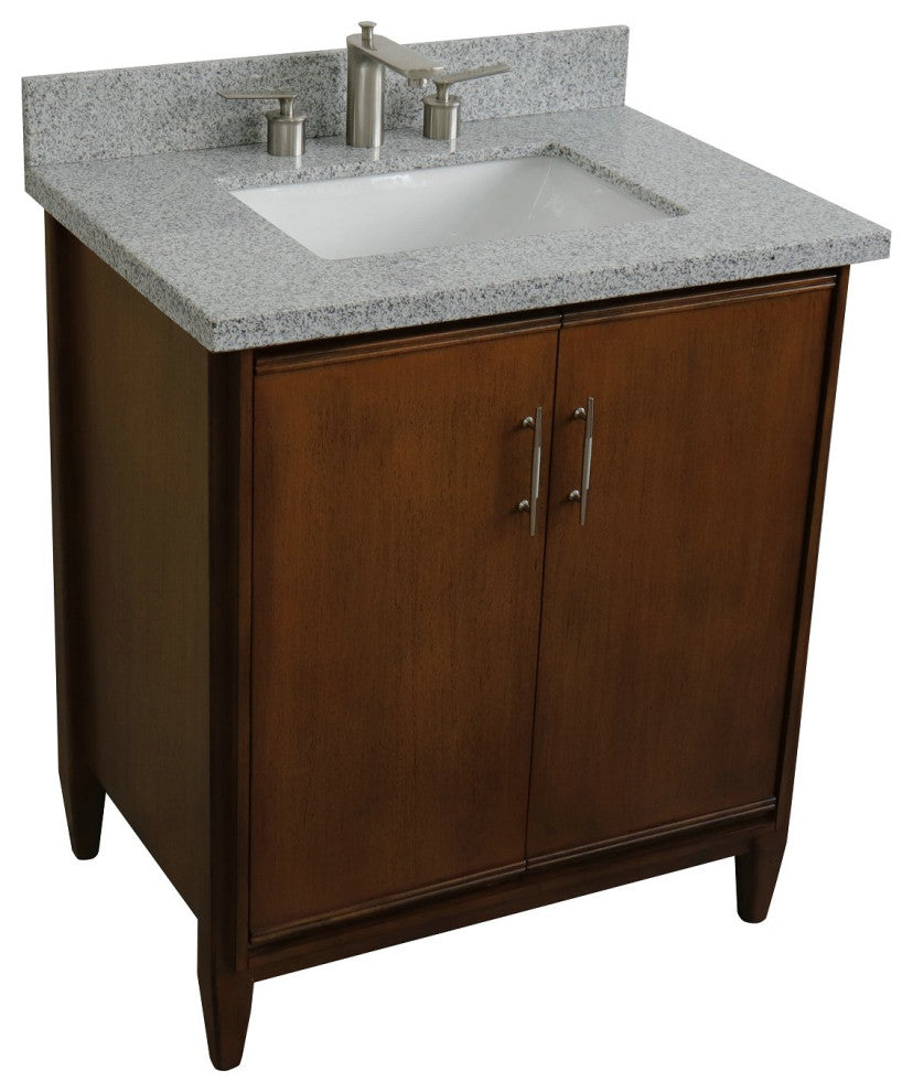 31" Single Sink Vanity, Walnut Finish, Gray Granite With Rectangle Sink