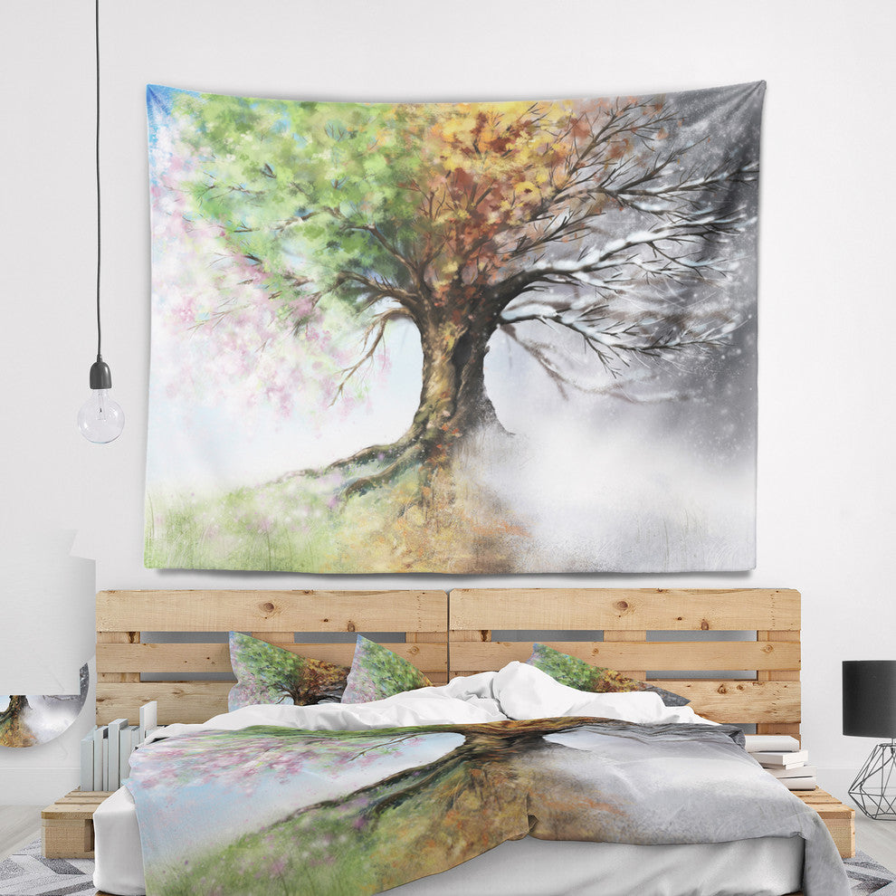 Tree with Four Seasons Tree Painting Wall Tapestry, 60"x50"