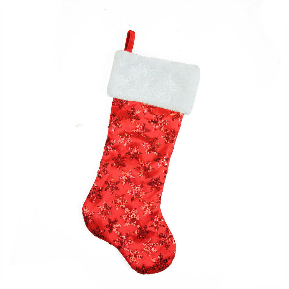 20.5" Red Sequin Snowflake Christmas Stocking With White Faux Fur Cuff