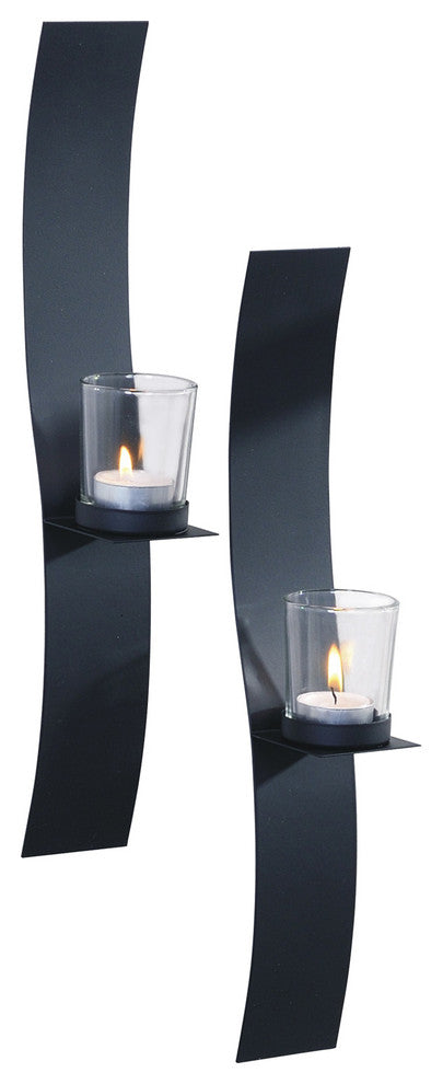 2x15" Set of 2 Sleek Candle Wall Sconce Holder With Glass Black Metal
