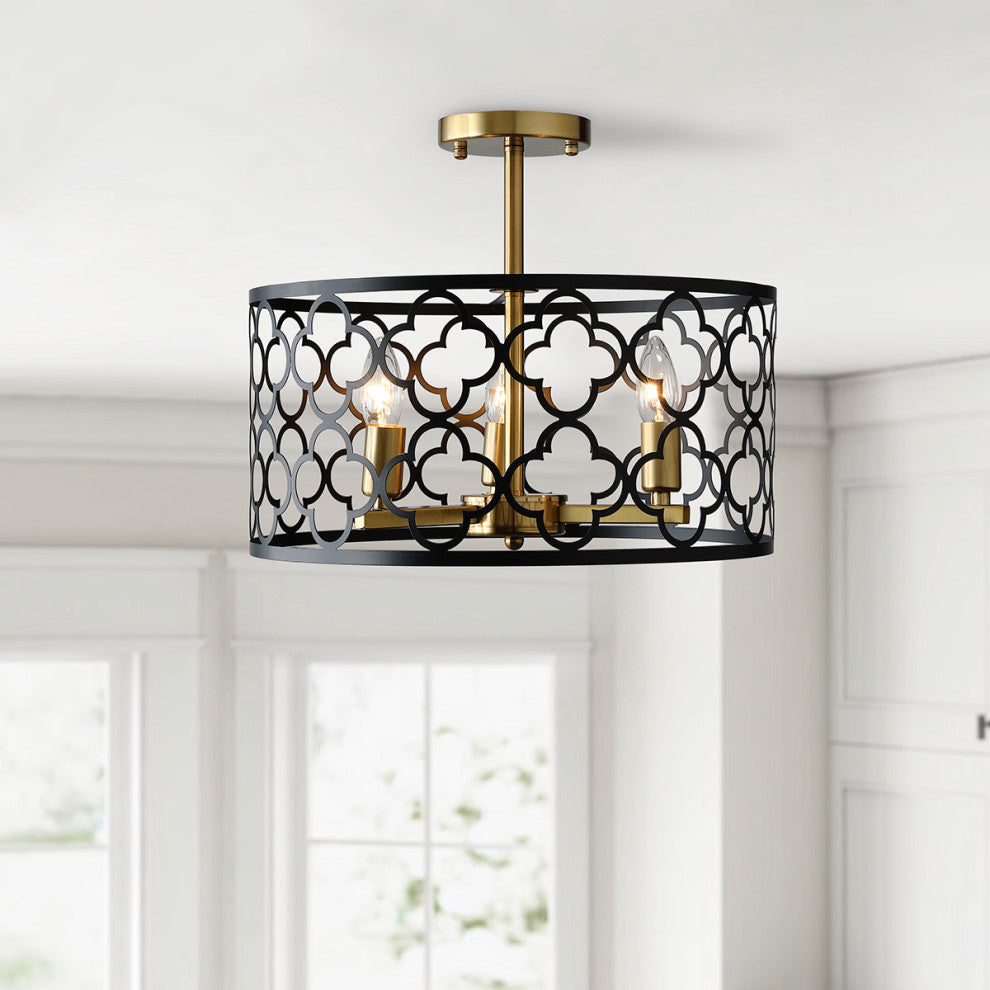3-Light Geometric Metal Frame Drum Shape Semi Flush Mount Lighting