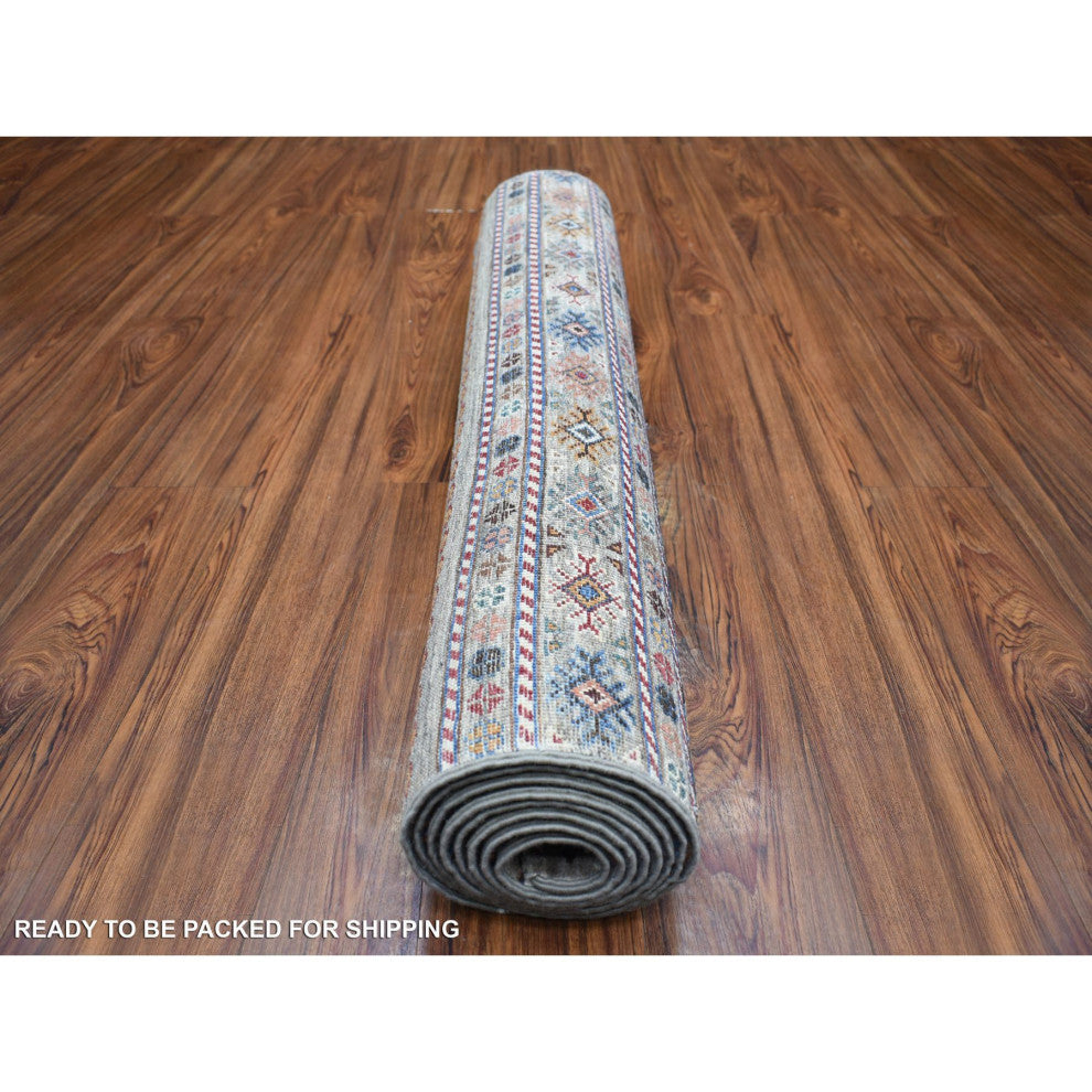 Taupe Gray Soft Wool, Hand Knotted Afghan Super Kazak, Runner Rug, 3'5"x10'0"