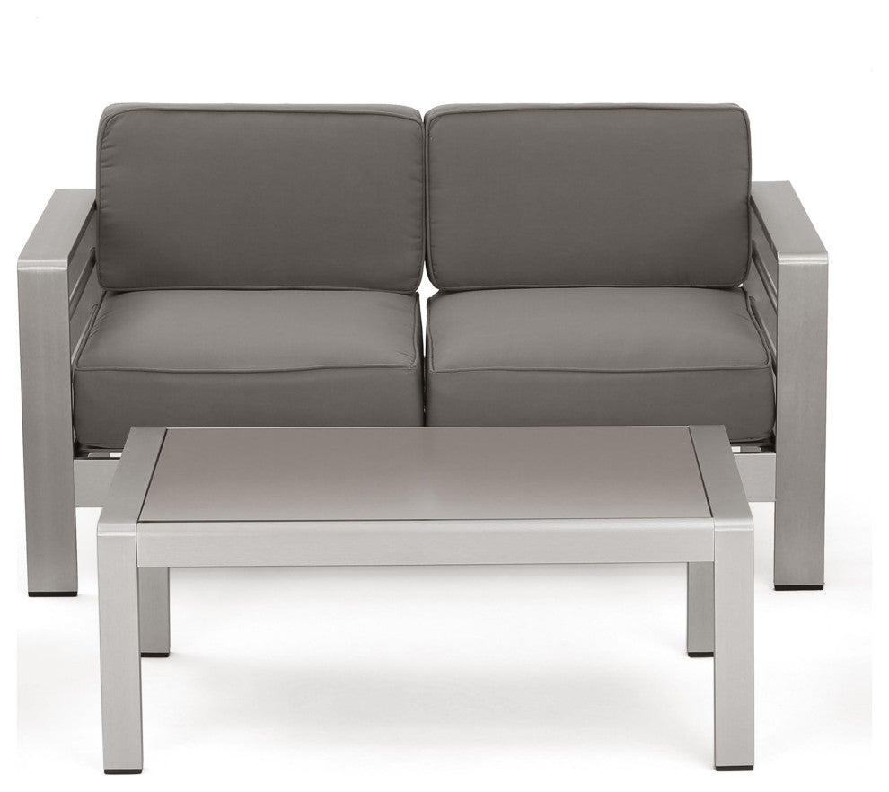 GDF Studio Cybele Doris Outdoor Aluminum Loveseat and Coffee Table Set, Silver/Khaki