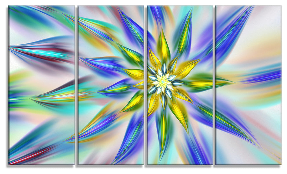 Dancing Blue Fractal Flower, Floral Canvas Art Print, 48"x28", 4 Panels