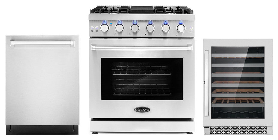 3-Piece, 30" Gas Range, 24" Dishwasher and 48 Bottle Wine Refrigerator