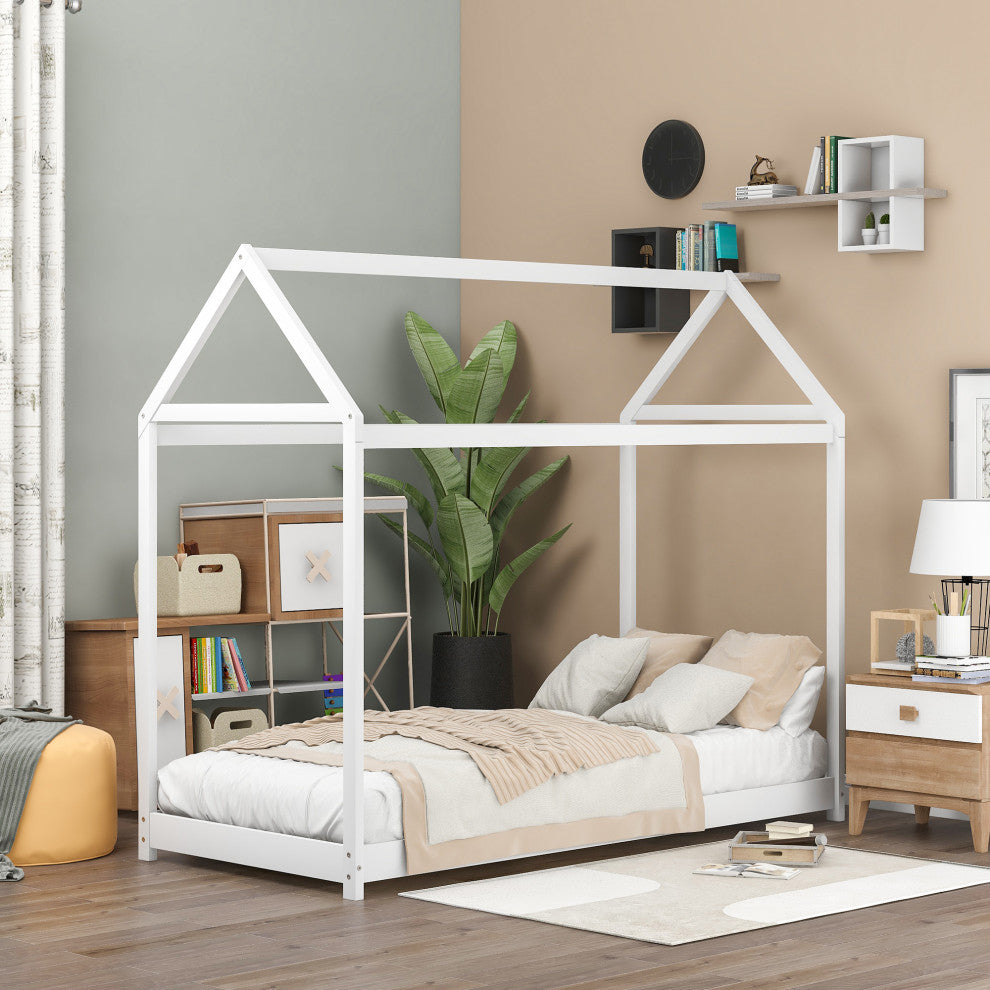 Gewnee Twin Size Wooden House Bed in White