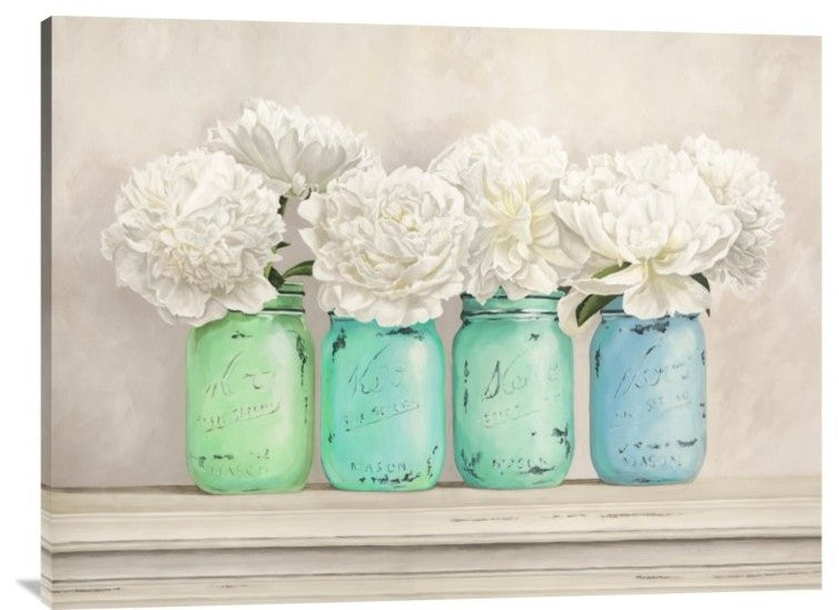 "Peonies in Mason Jars" Stretched Canvas Giclee by Jenny Thomlinson, 40x30"