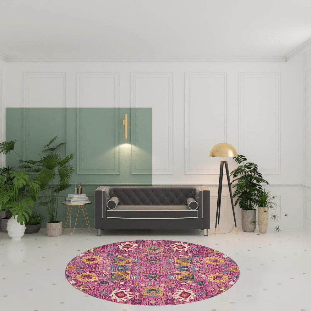 8' Pink Round Floral Power Loom Area Rug