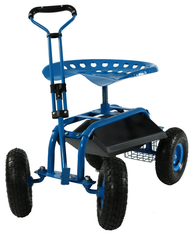 Sunnydaze Rolling Garden Cart With Steering Handle, Seat and Basket, Blue