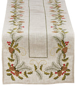 Holiday Embroidered Pinecone and Holly Natural Table Runner, 16"x68"