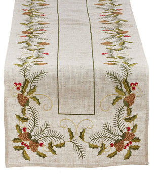 Holiday Embroidered Pinecone and Holly Natural Table Runner, 16"x68"