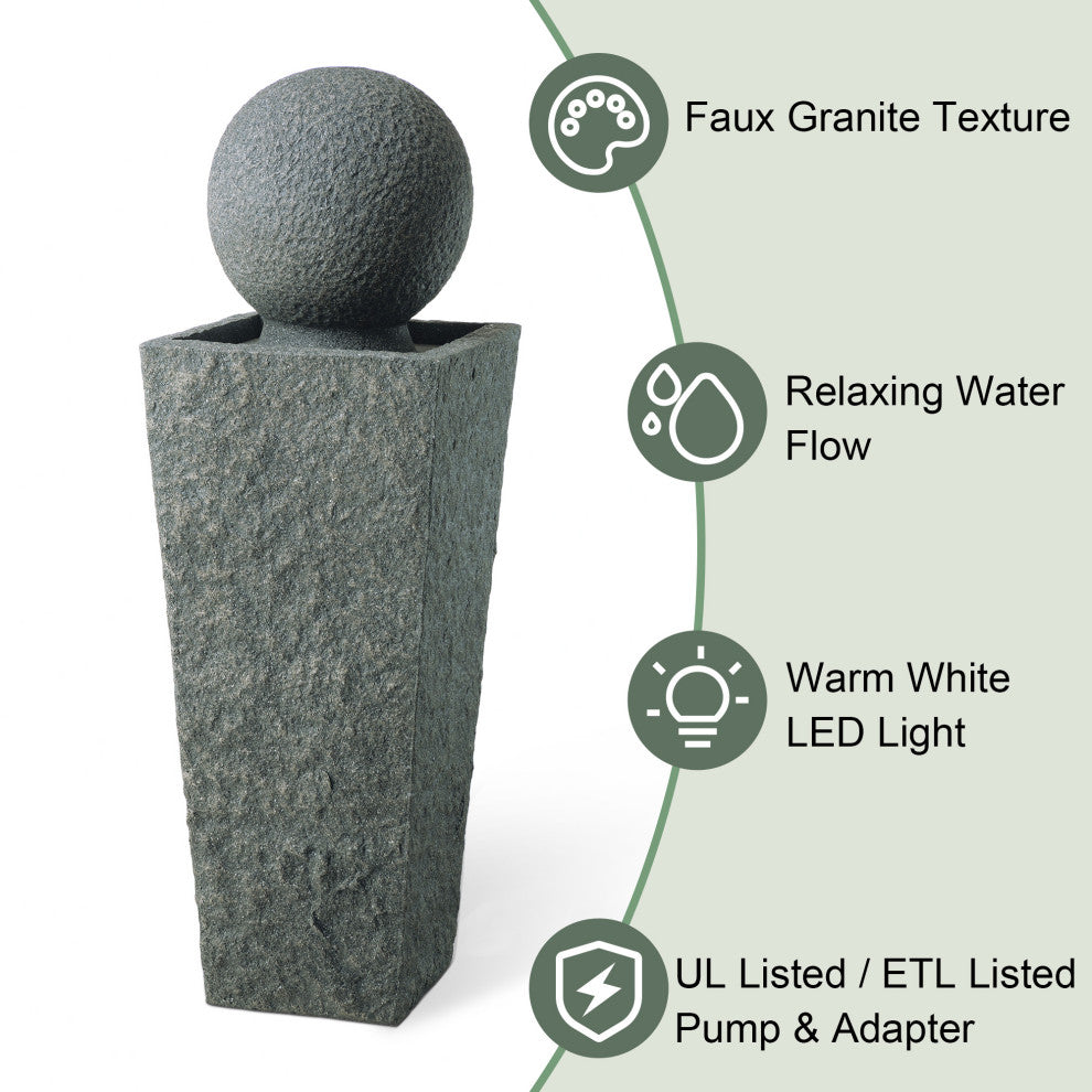 Geometric Pedestal and Sphere Polyresin Outdoor Fountain With LED Light and Pump