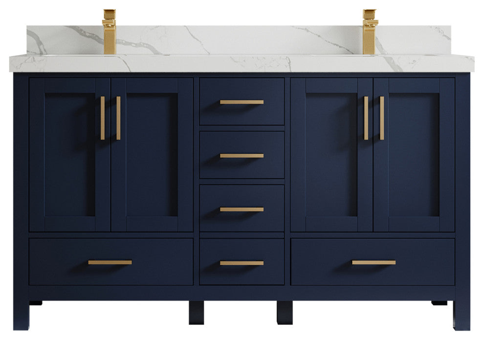 Willow Collections Malibu Vanity, Navy Blue, Calacatta Quartz, 60" Double