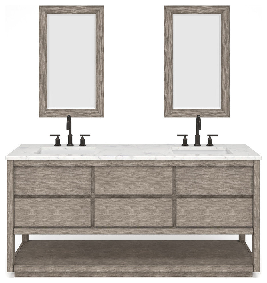 Oakman Marble Top Vanity in Grey Oak, 72", Vanity With Mirror