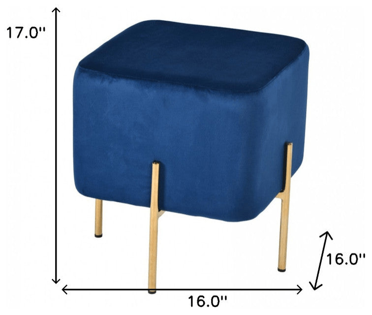 16" Blue Velvet And Gold Cube Ottoman