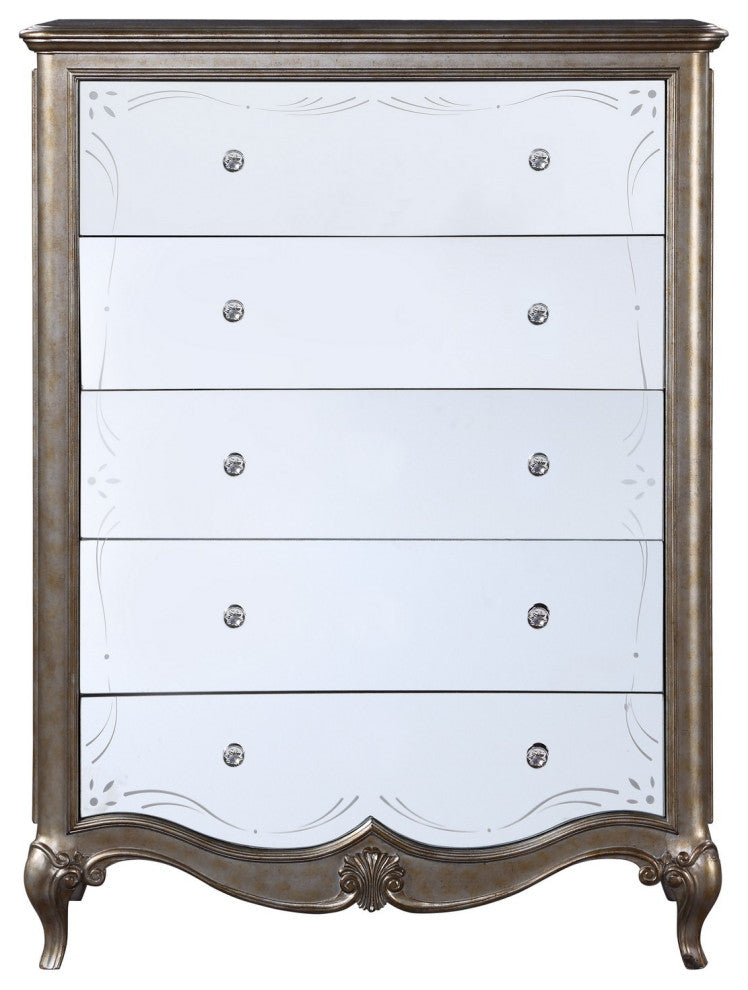Benzara BM251275 Chest With Mirror Front and Molded Trim, Antique Silver
