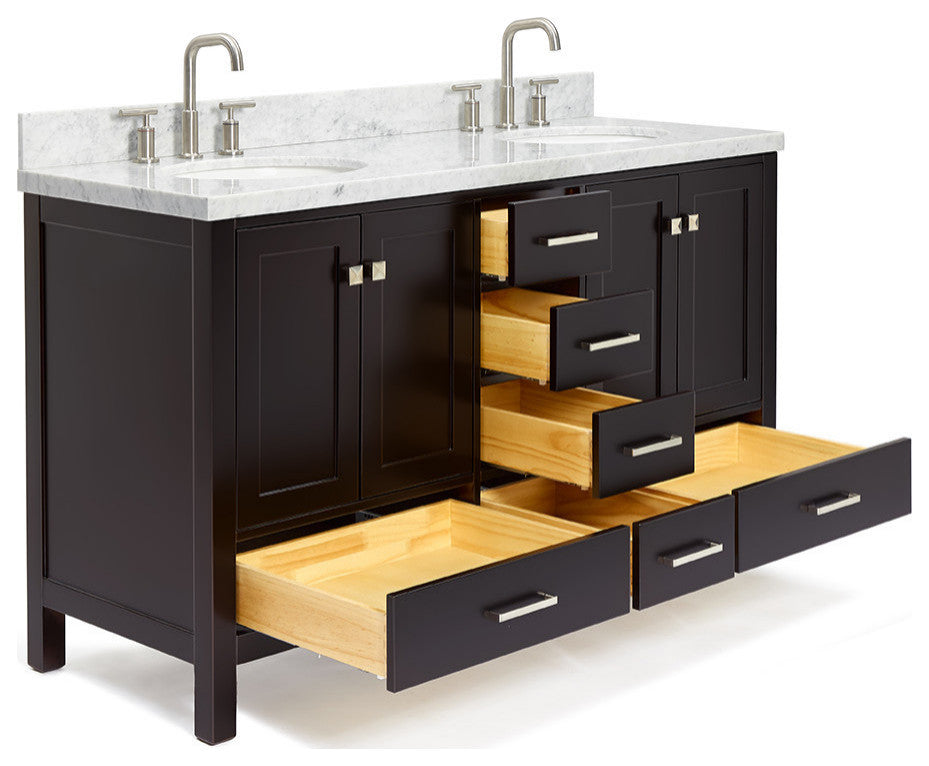 ARIEL Cambridge 61" Double Oval Sink Bathroom Vanity Espresso With Marble Top