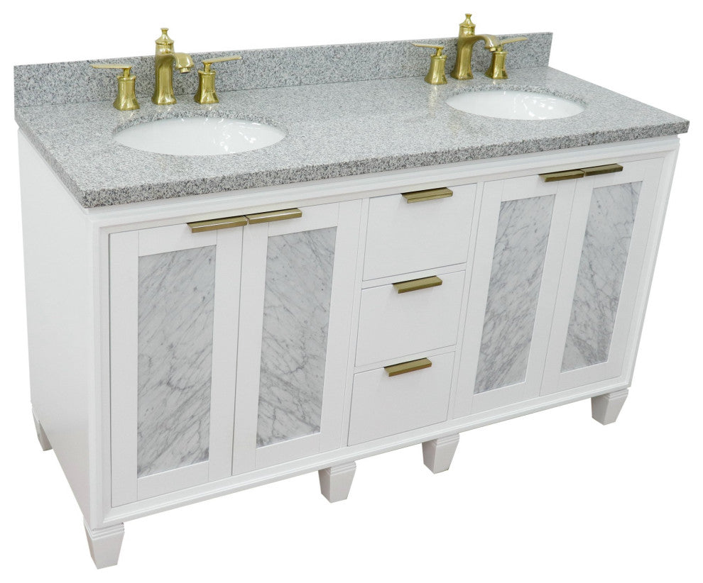61" Double Sink Vanity, White Finish With Gray Granite And Oval Sink
