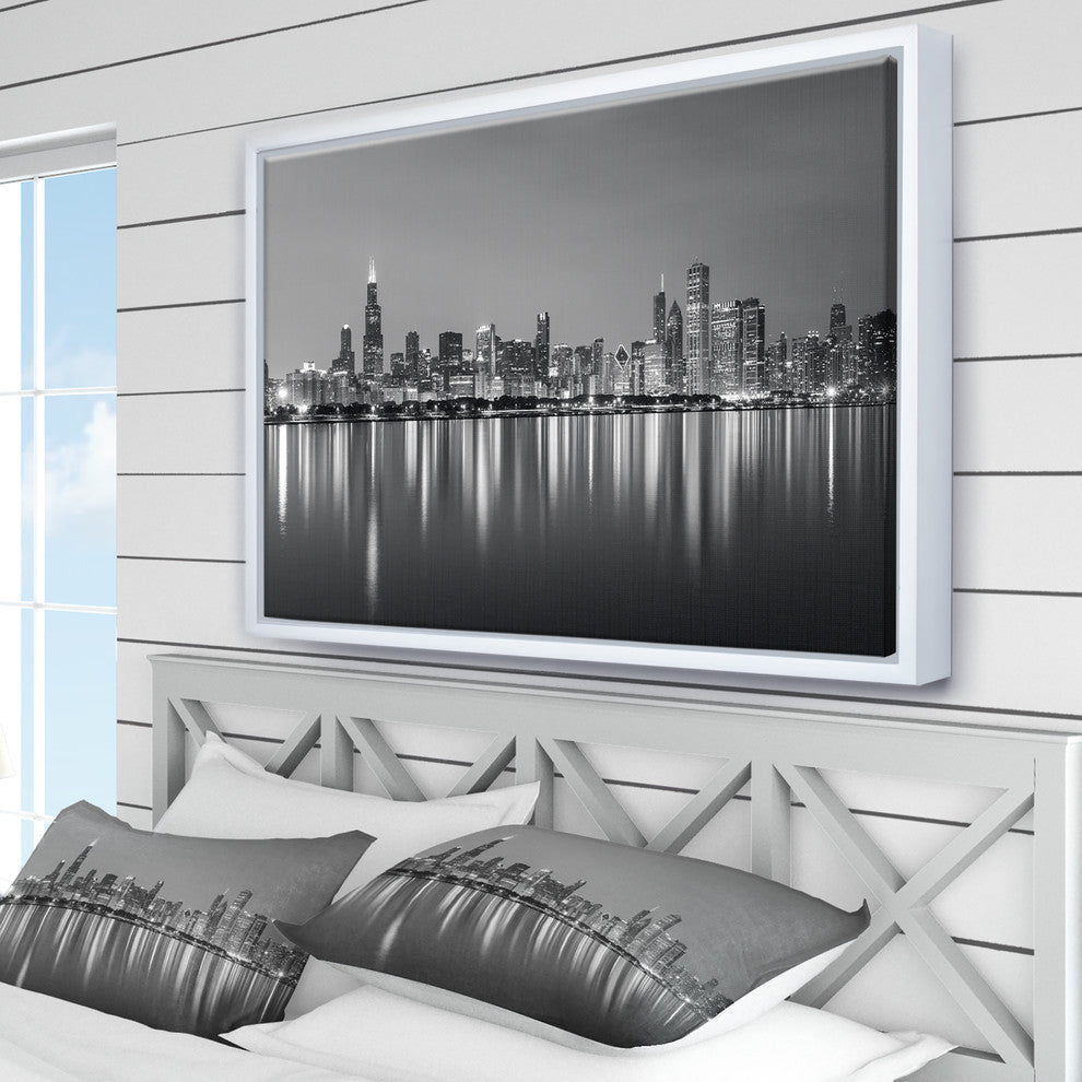 Designart Chicago Skyline Night Black White Framed Canvas Print, White, 46x36