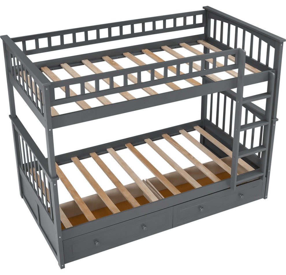 Twin over Twin Bunk Bed Drawers Convertible Beds Gray
