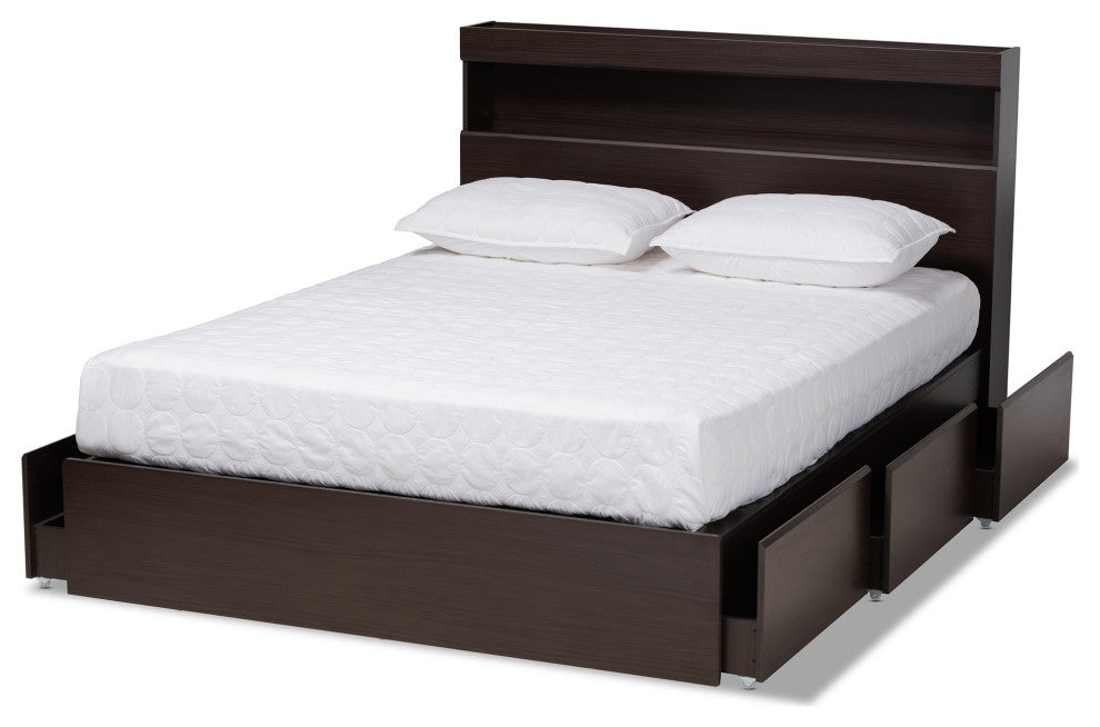 Elkton Walnut Finish Mid Century Platform Bed With Storage, Queen