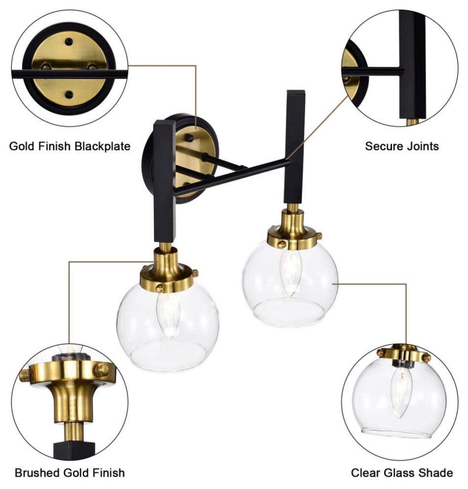 2 Light Black Wall Lights for Bedroom Industrial Wall Sconce Lighting GlassShade