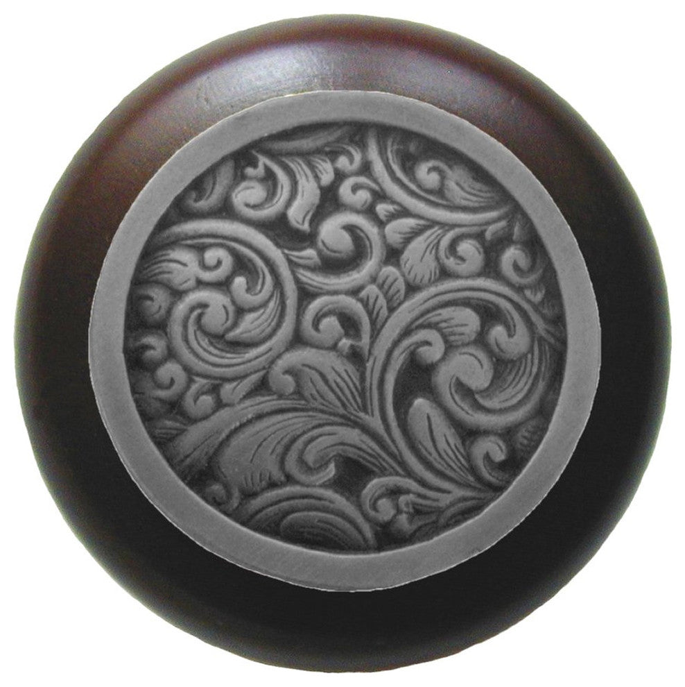 Saddleworth Wood Knob, Antique Brass, Dark Walnut Wood Finish, Antique Pewter