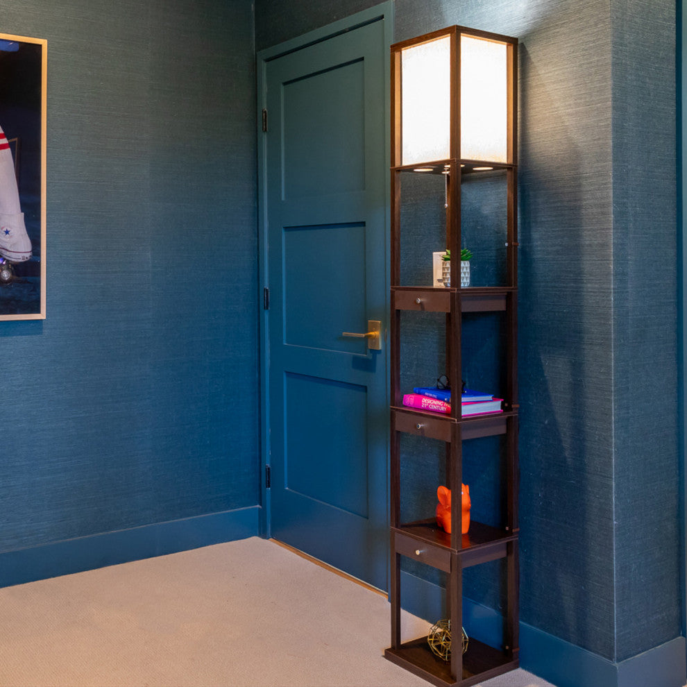 Brightech Maxwell Drawer Edition - Shelf & LED Floor Lamp Combination, Havana Brown