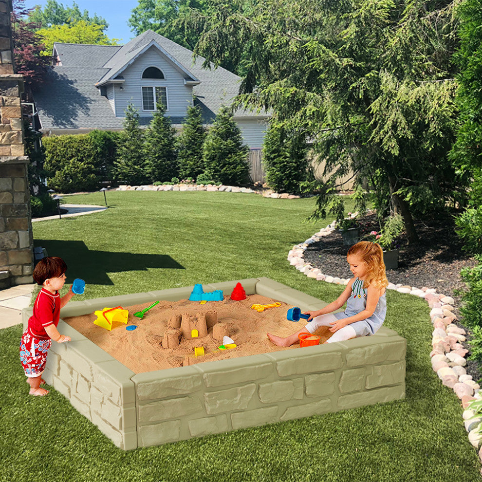 Modern Home 4ft x 4ft All Weather Stone Outdoor Sandbox Kit w/Cover - Sand Play
