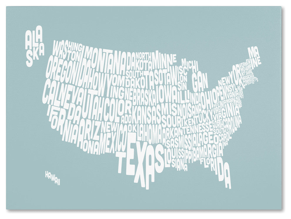 'USA States Text Map - Duck Egg' Canvas Art by Michael Tompsett