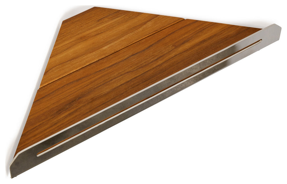 Floating Corner Shower Shelf With Natural Teak Wood, Polished