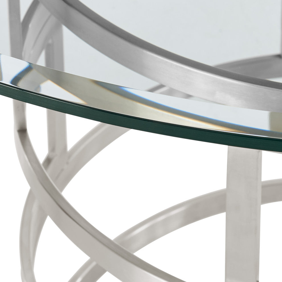 Diaz 48" Round Glass Tabletop Dining Table Brushed Stainless Steel Base