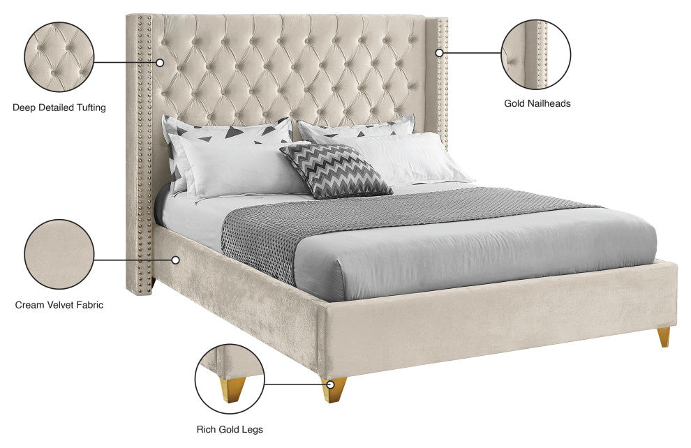 Barolo Velvet Upholstered Bed, Cream, Queen