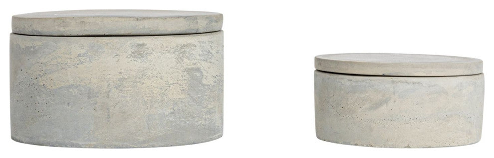 Gray Round Decorative Cement Boxes With Lids, 2-Piece Set