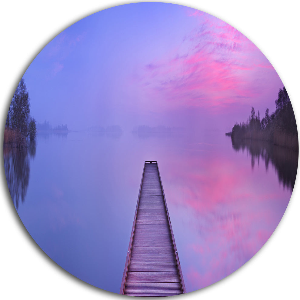 Jetty In A Dawn Lake, Wooden Sea Bridge Disc Metal Artwork, 11"
