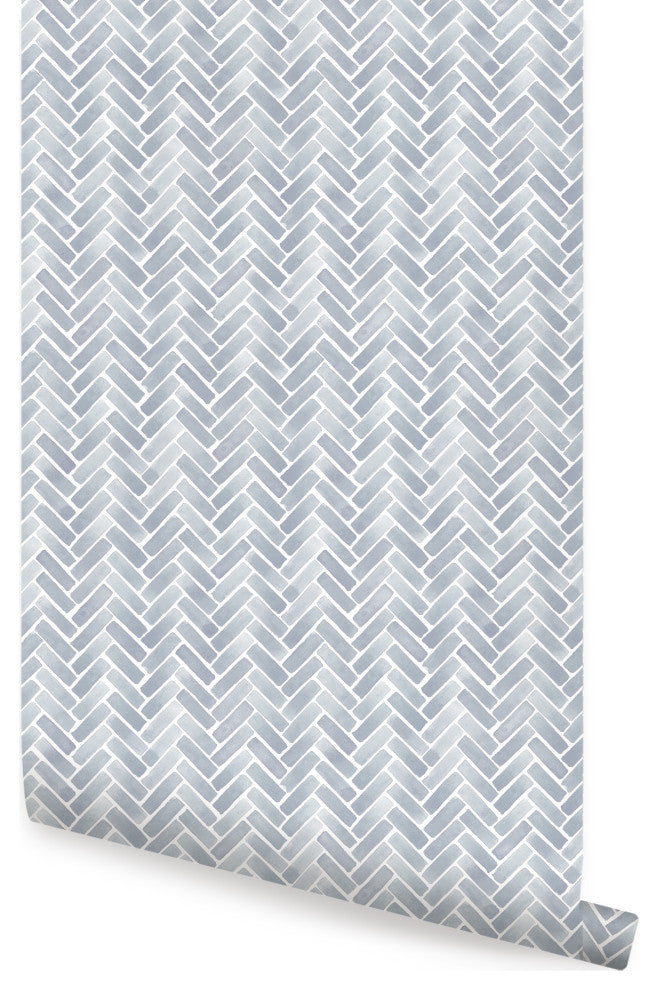 Watercolor Herringbone Peel and Stick Vinyl Wallpaper, Van Deusen Blue, 24"w X 108"h
