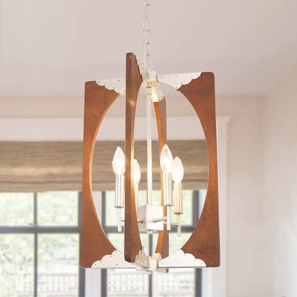 4-Light Candle Style Geometric Chandelier With Wood Accents, Chrome