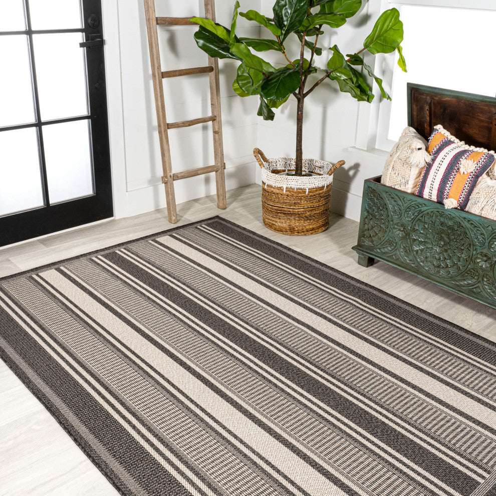 Haynes Modern Double Stripe Indoor/Outdoor Area Rug, Black/Cream, 8x10