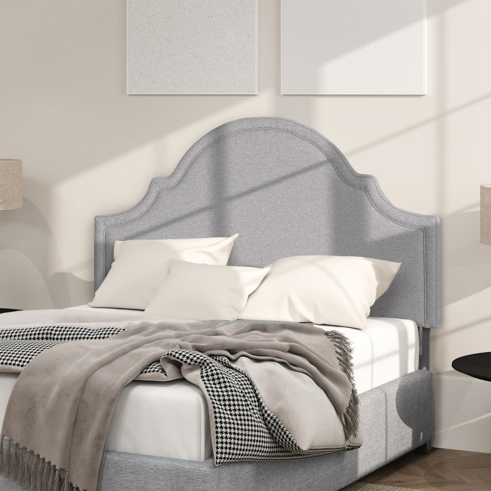 Catherine Arched Upholstered Camelback Headboard, Light Gray, Queen