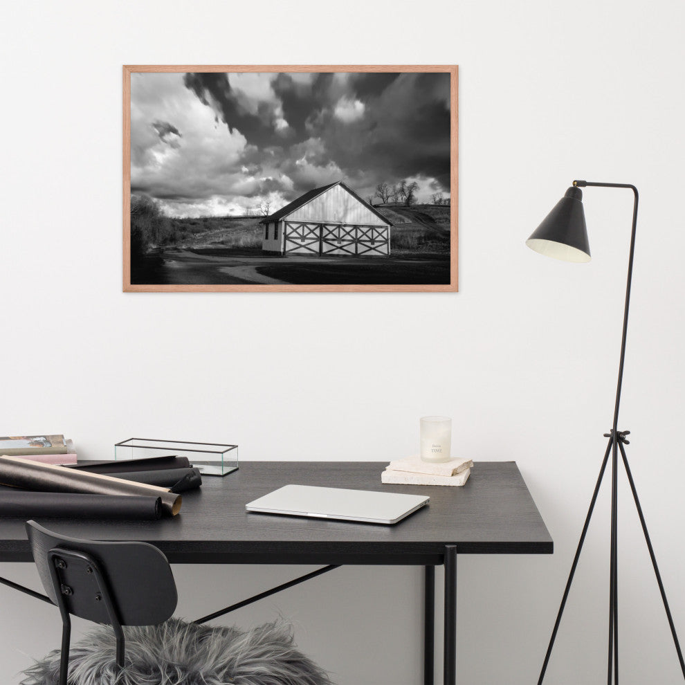 Aging Barn Morning Sun in Black and White Framed Photo Paper Wall Art Prints, Red Oak, 24" X 36"