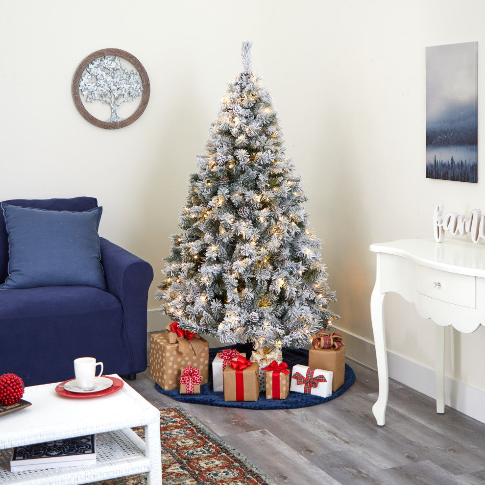 6' Flocked White River Mountain Pine Faux Xmas Tree W/Pinecones & Clear Lights