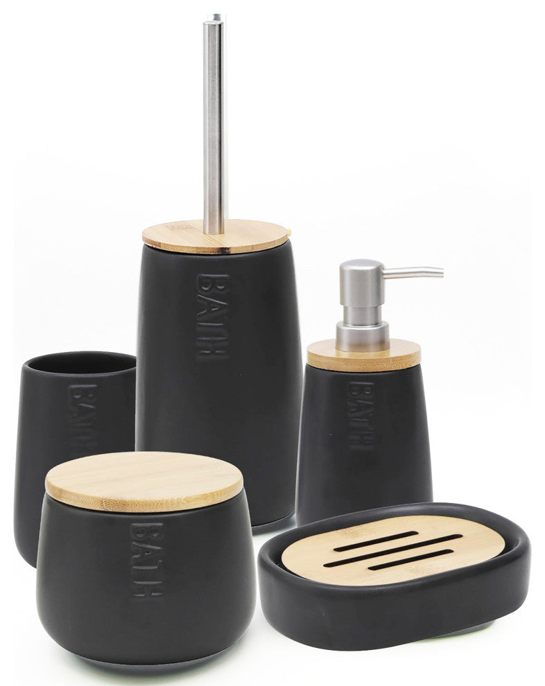 Bath D Soap Dish Cup Dispenser White and Bamboo Tray, Black / Bamboo