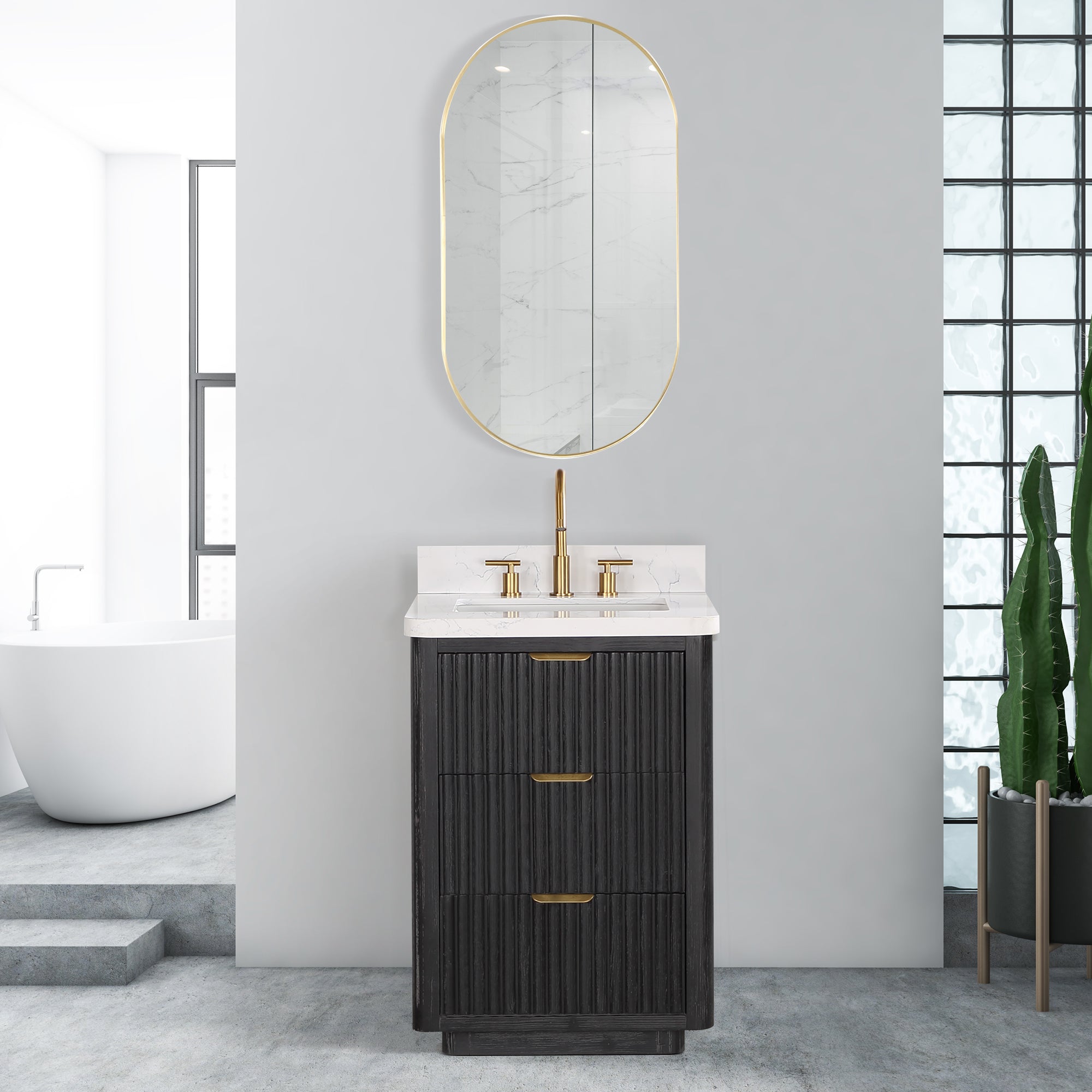 Vinnova Cadiz Bath Vanity, Composite Stone Top, Black, 24", No Mirror