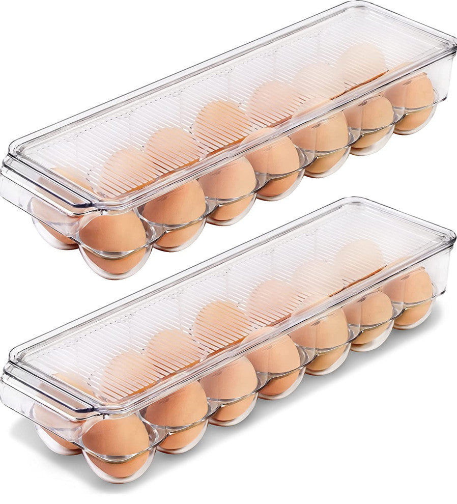 14 Egg Container For Refrigerator - With Lid & Handle (Clear, Pack of 2)