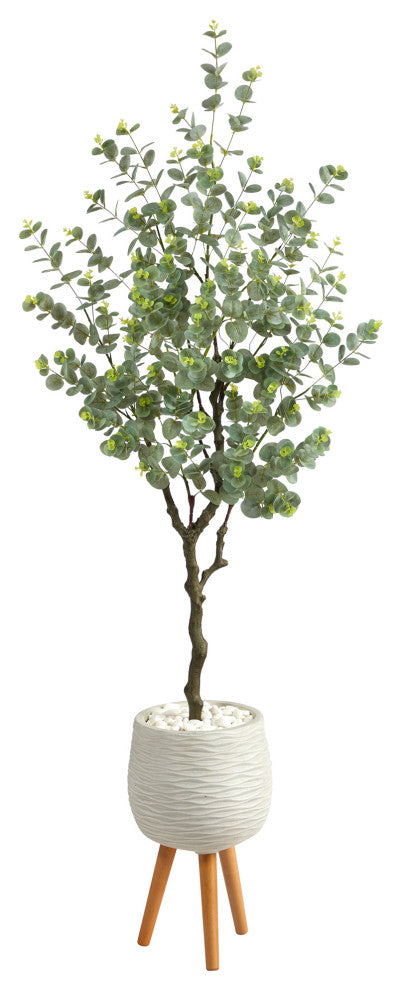 70" Eucalyptus Artificial Tree, White Planter With Stand